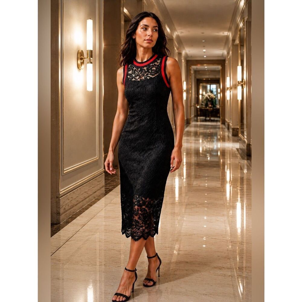 BAKU Fitted Black Lace Midi Dress Red Stripe Trim S